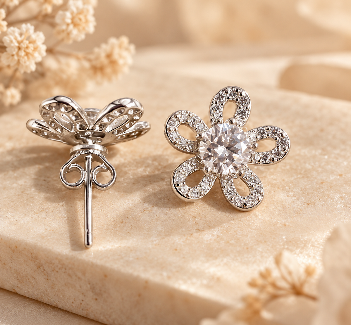 Dahlia Moissanite Flower Stud Earrings.