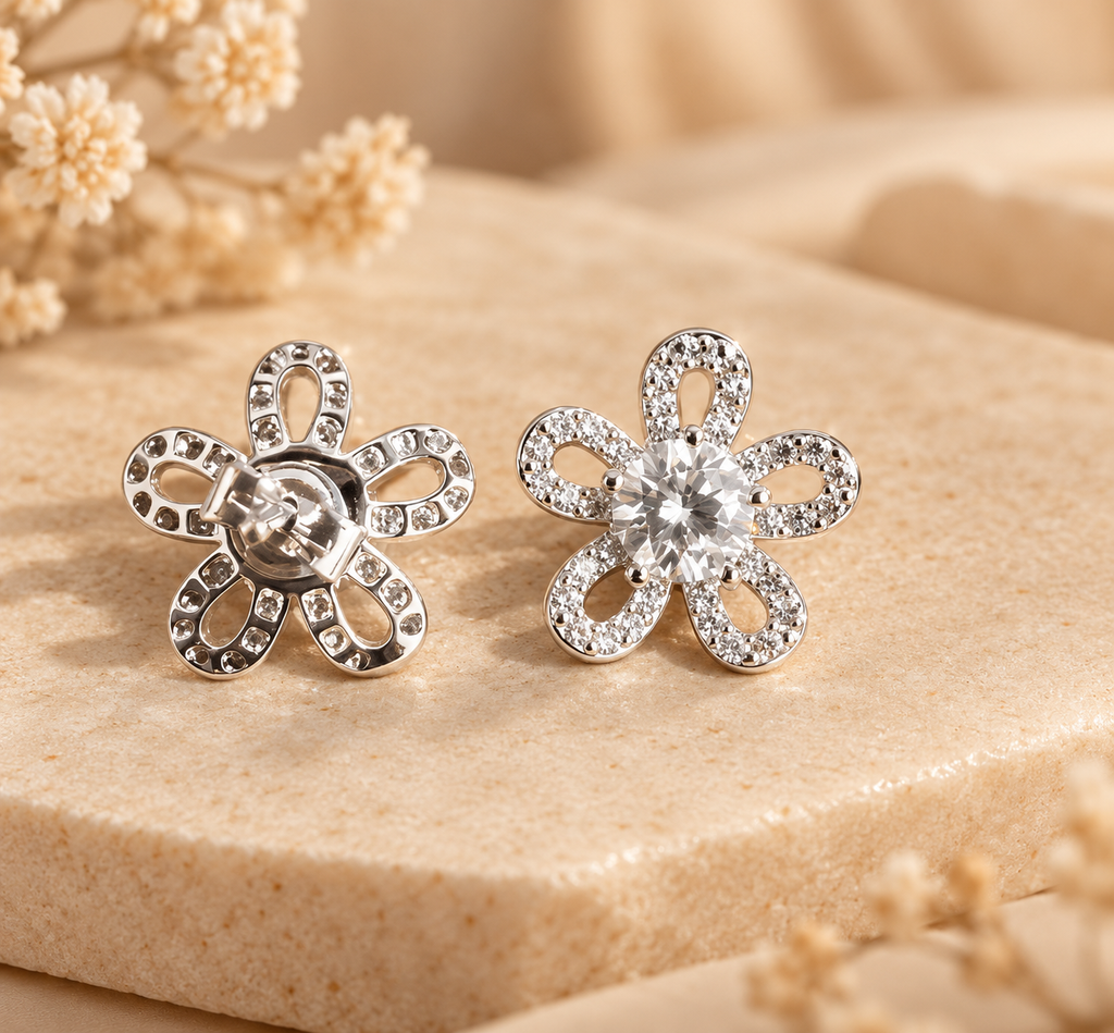 Dahlia Moissanite Flower Stud Earrings.