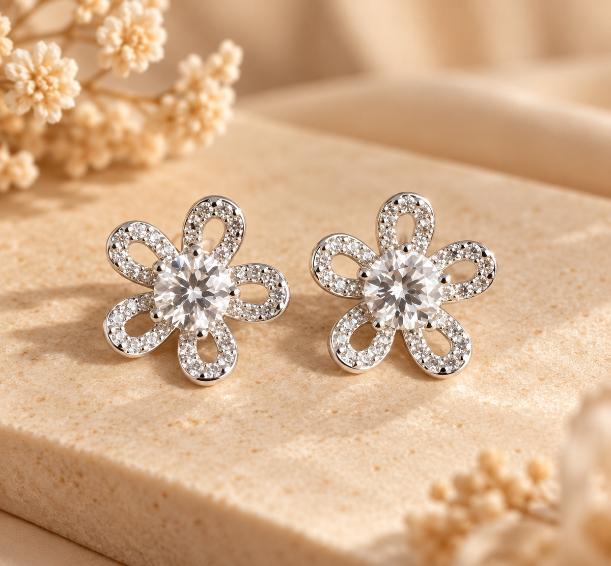 Dahlia Moissanite Flower Stud Earrings.
