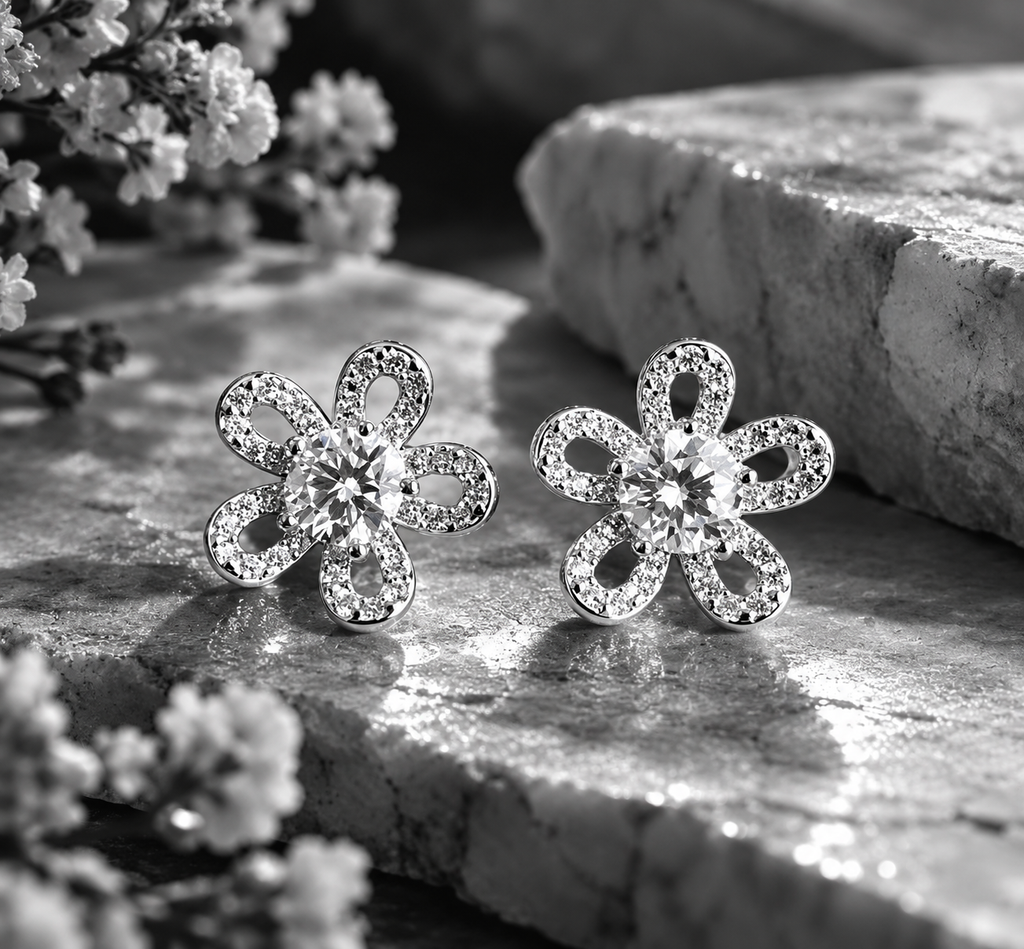 Dahlia Moissanite Flower Stud Earrings.