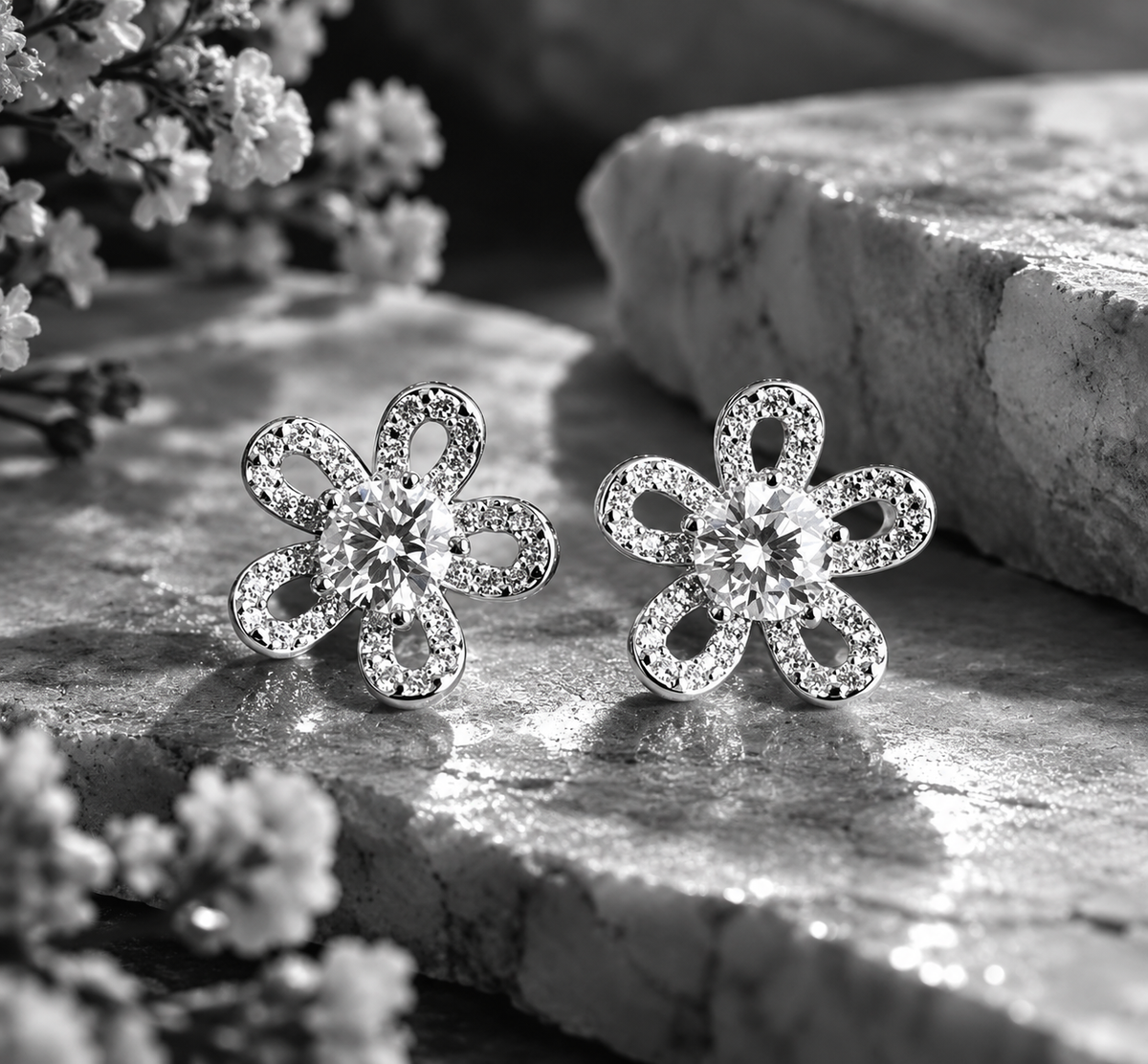 Dahlia Moissanite Flower Stud Earrings.
