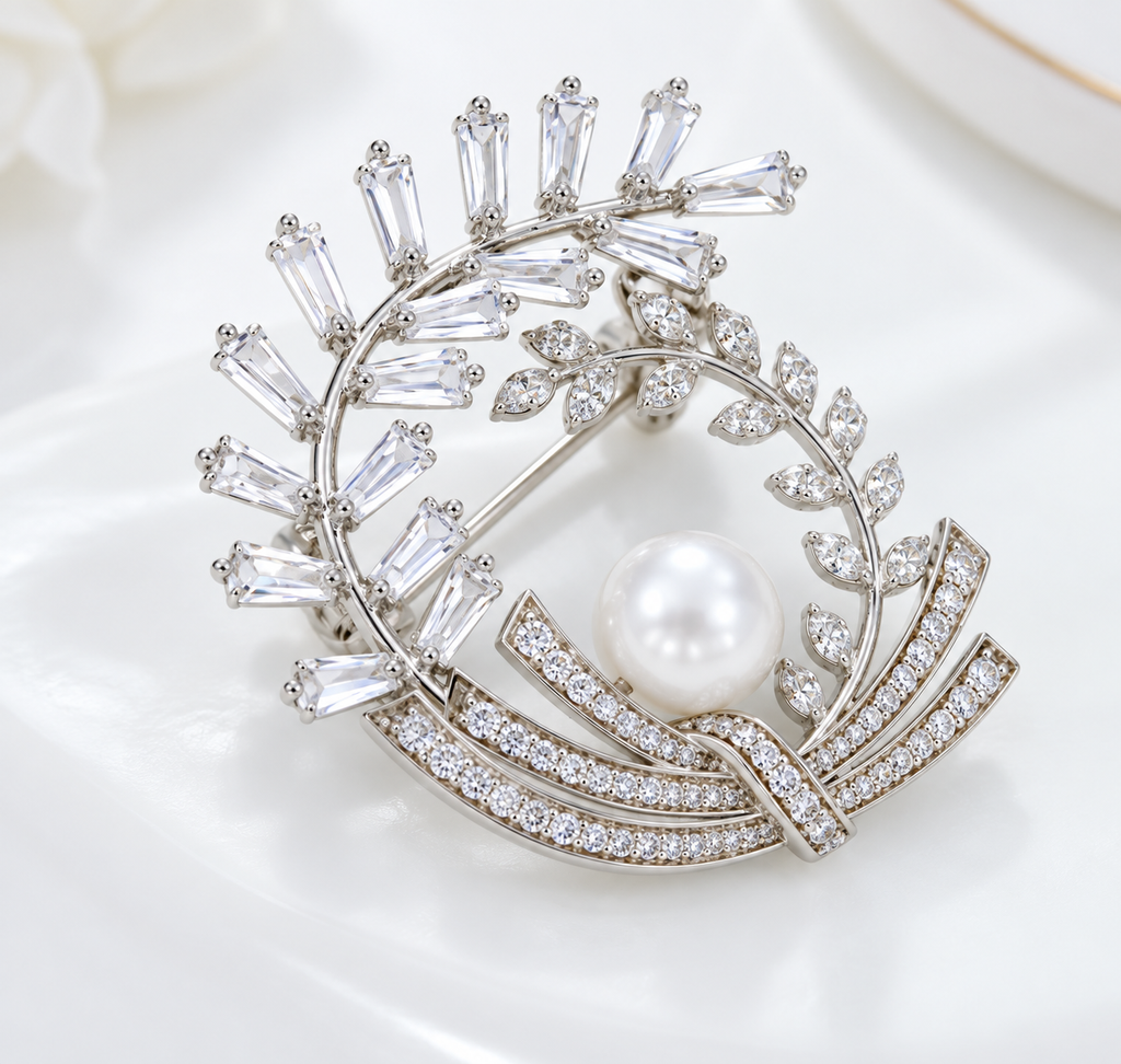 Botanical Pearl & Zircon Brooch