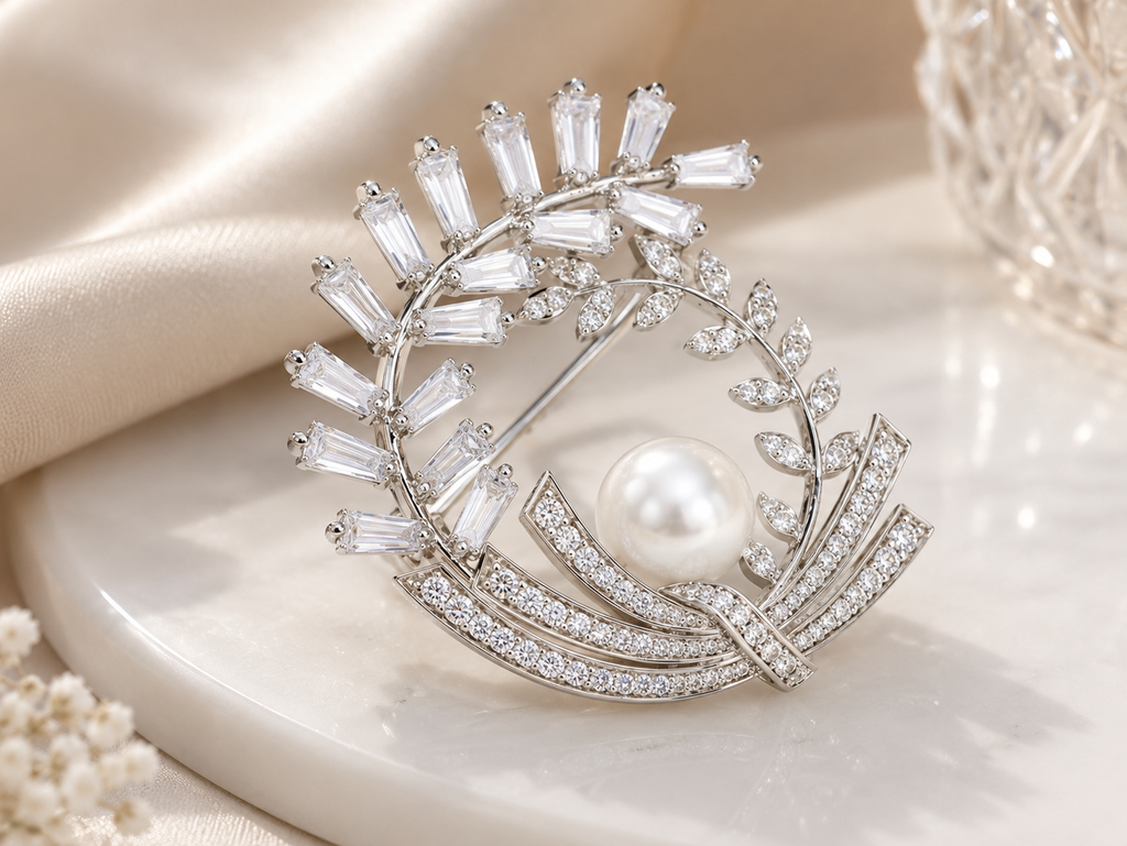 Botanical Pearl & Zircon Brooch