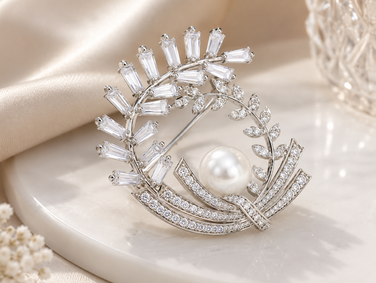 Botanical Pearl & Zircon Brooch