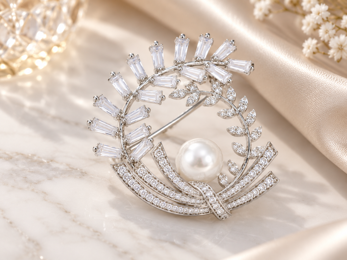Botanical Pearl & Zircon Brooch